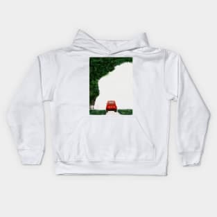 Vintage Red Truck on Country Road with White Picket Fence and Lush Tree Watercolor Kids Hoodie